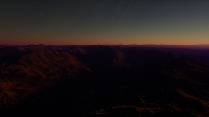 Space background, alien fantasy landscape with rocks and craters, orange planet empty surface, cloudy sky and falling comet, 3d render