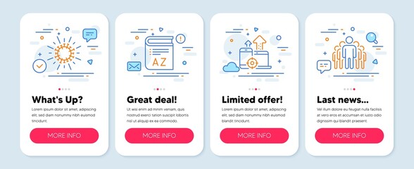 Set of Science icons, such as Vocabulary, Coronavirus, Seo devices symbols. Mobile screen app banners. Group line icons. Book, Infection, Mobile stats. Managers. Vocabulary icons. Vector