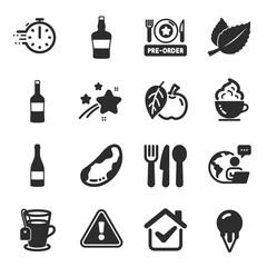 Fototapeta premium Set of Food and drink icons, such as Tea, Cooking timer, Wine symbols. Ice cream, Scotch bottle, Apple signs. Champagne bottle, Mint leaves, Food. Pre-order food, Brazil nut, Coffee cup. Vector