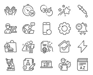 Science icons set. Included icon as Energy, Success business, 360 degree signs. Quarantine, Time management, Recovery phone symbols. Recovery gear, Chemistry pipette, Certificate. Vector