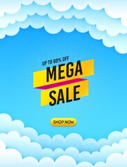 Mega sale sticker. Cloud sky background with offer message. Discount banner shape. Coupon tag icon. Best advertising coupon cloud banner. Mega sale badge shape. Blue sky background. Vector