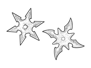 Shuriken ninja stars weapon sketch engraving vector illustration. T-shirt apparel print design. Scratch board imitation. Black and white hand drawn image. © Oleksandr Pokusai