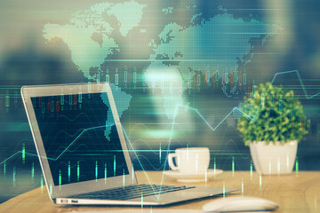 Multi exposure of forex graph and work space with computer. Concept of international online trading.