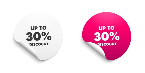 Up to 30% Discount. Round sticker with offer message. Sale offer price sign. Special offer symbol. Save 30 percentages. Circle sticker mockup banner. Discount tag badge shape. Vector