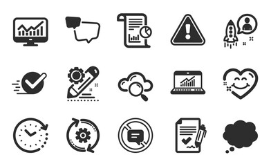 Fototapeta premium Online statistics, Statistics and Approved agreement icons simple set. Project edit, Comic message and Startup signs. Time change, Cloud computing and Speech bubble symbols. Flat icons set. Vector