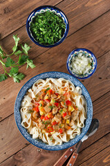 Uzbek lagman soup with noodles, meat and vegetables