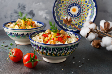 Uzbek lagman soup with noodles, meat and vegetables