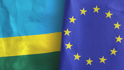 European Union and Rwanda two flags textile cloth 3D rendering