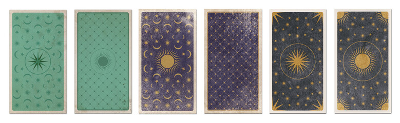 Back of Tarot card decorated with stars, sun and moon. Esoteric symbols on aged background, retro style. Isolated. - obrazy, fototapety, plakaty