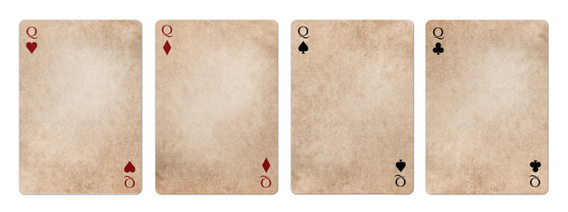 Illustration isolated on white background of aged retro style poker cards. Blank space.