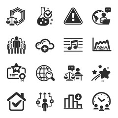 Set of Education icons, such as Business way, Justice scales, Vip certificate symbols. Group, Chemistry lab, Internet search signs. Court judge, Trade chart, Decreasing graph. Meeting time. Vector