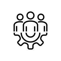 Trabajo en equipo. Icono lineal grupo de personas en engranaje en color negro