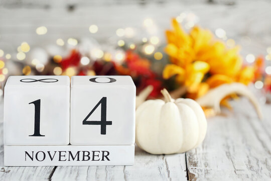 World Diabetes Day. White wood calendar blocks with the date November 14th and autumn decorations over a wooden table. Selective focus with blurred background. 