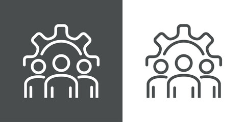 Trabajo en equipo. Icono lineal grupo de personas en engranaje en fondo gris y fondo blanco © teracreonte