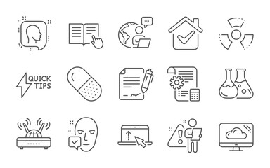 Swipe up, Face accepted and Chemistry lab line icons set. Settings blueprint, Quickstart guide and Cloud storage signs. Wifi, Chemical hazard and Capsule pill symbols. Line icons set. Vector