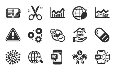 Feedback, Trade infochart and Scissors icons simple set. Statistics, Augmented reality and 5g phone signs. Coronavirus, Environment day and Gears symbols. Flat icons set. Vector