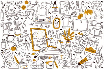 Painting doodle set. Collection of hand drawn sketches templates patterns of woman girl artist painter with easel and paintbrush drawing pictures on canvas. Creative occupation and art illustration. © drawlab19