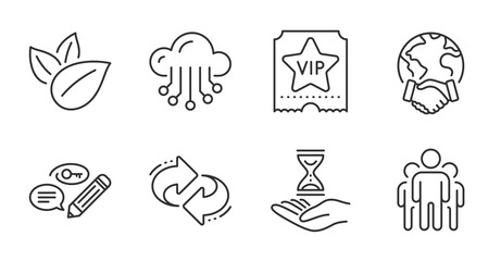 Keywords, Organic product and Time hourglass line icons set. Refresh, Vip ticket and Global business signs. Group, Cloud storage symbols. Pencil with key, Leaves, Sand watch. Business set. Vector