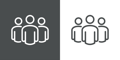 Símbolo trabajo en equipo. Icono plano lineal grupo de 3 personas en fondo gris y fondo blanco