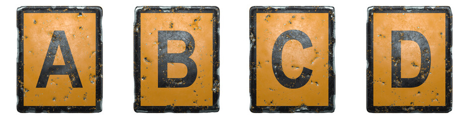 Set of capital letter A, B, C, D made of public road sign orange and black color on white background. 3d