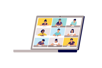 Online class. School learning, study from home via teleconference or web video conference call. Emergency school, college test or course element. Vector illustration.