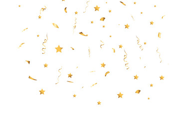 Golden confetti falls on a beautiful background. Falling streamers on stage.