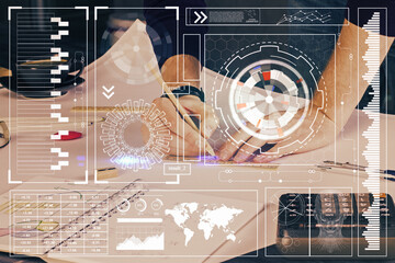 Writing Man hands with data theme multi exposure icons.