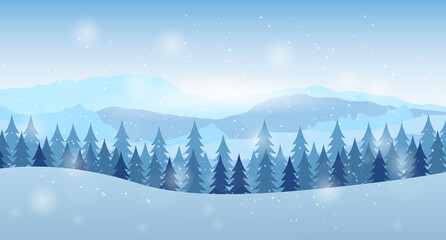 Vector illustration. Flat landscape. Snowy background. Snowdrifts. Snowfall. Clear blue sky. Blizzard. Cartoon wallpaper. Cold weather. Winter season. Forest trees and mountains. Design for website.