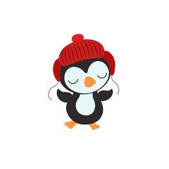 Cute penguin cartoon character. Winter animal bird. Sweet style. Children vector illustration. Kid penguin. Christmas winter season print. Funny whimsical doodle. Scandinavian or kawaii design.