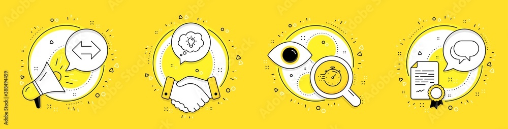 Poster energy, timer and sync line icons set. megaphone, licence and deal vector icons. talk bubble sign. l