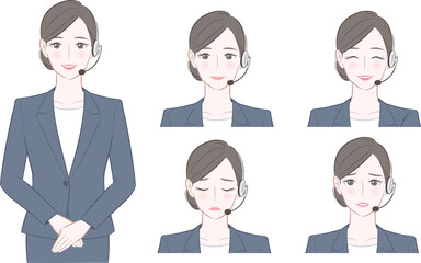 ヘッドセットを身につけたスーツ姿の女性のイラスト