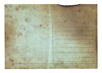 Blank old vintage postcard with burned stains isolated