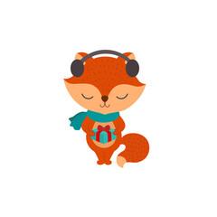 Naklejka premium Cute fox cartoon character. Little woodland animal sweet style. Children vector illustration. Kid foxy. Christmas winter season print. Funny whimsical doodle. scandinavian cozy magic winter theme.