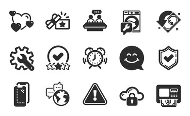 Heart, Atm and Customisation icons simple set. Washing machine, Employees talk and Cloud protection signs. World communication, Time management and Cashback symbols. Flat icons set. Vector