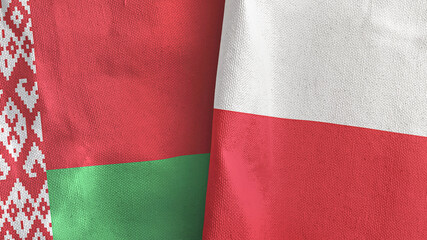 Poland and Belarus two flags textile cloth 3D rendering