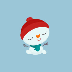 Cute snowman cartoon character. Little Christmas mascot sweet style. Children vector illustration. Kid snowman. Winter season print. Funny whimsical doodle. Kawaii style. Magic winter theme.