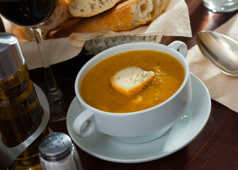 Cream soup with vegetables and soft cheese. High quality photo