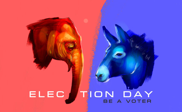 Digital illustration painting design style USA political parties symbols: democrats and repbublicans.