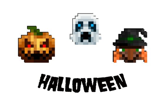 Halloween pixel art seamless illustration pattern on white background.