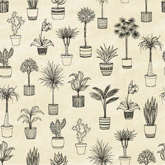 Set of indoor plants. Hand-drawn design elements. Seamless pattern. Vector illustration.