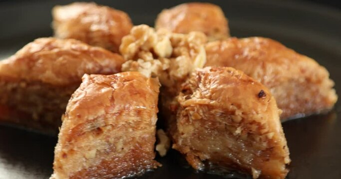 Famous Turkish walnut pastry dessert baklava Rotating Close up shot