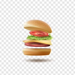 realistic flying burger isolated on transparent background.