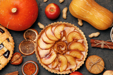 Berry tart pie and apple tart pie on black background