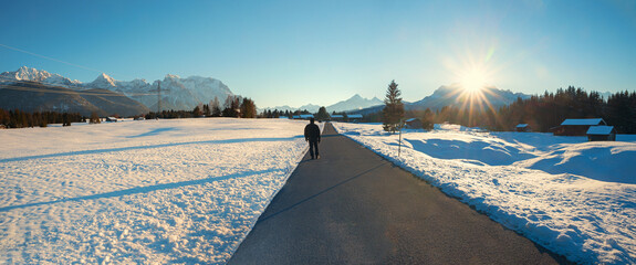 evening walk in wintry landscape Buckelwiesen, with view to Karwendel mountains