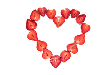 red raw fresh strawberries in shape of heart on white background, close view 