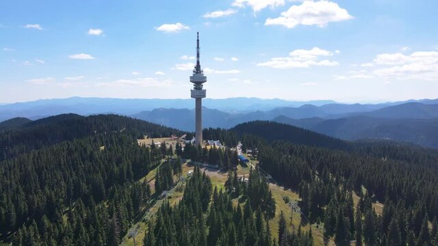 Aerial view of Rhodope Mountains and Snezhanka tower near resort of Pamporovo, Smolyan Region, Bulgaria
