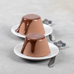 Creamy Italian dessert chocolate Panna cotta with sauce on a plate on a light background