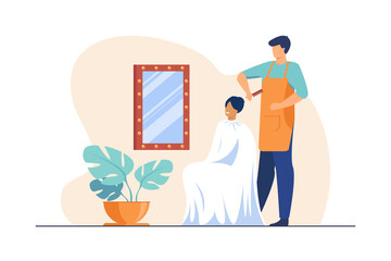 Male hairdresser brushing hair of woman. Hair stylist with comb, female customer, workplace flat vector illustration. Beauty salon, haircut concept for banner, website design or landing web page