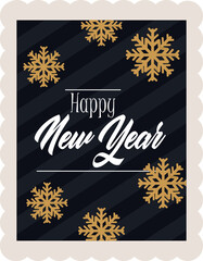 Fototapeta na wymiar happy new year 2021, golden snowflakes calligraphy and striped background, postage stamp icon