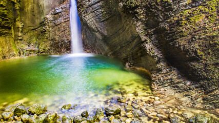 Fototapeta na wymiar Caporetto, Kozjak waterfalls, Isonzo river nestled in the Julian pre-Alps. Slovenia